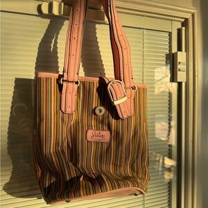 Longaberger Pink and Brown Striped Tote